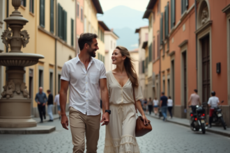 Couple en promenade romantique dans une ville européenne