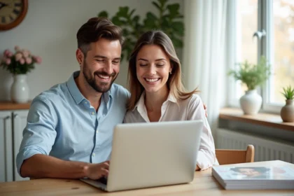 Jeune couple souriant à une table moderne avec ordinateur portable