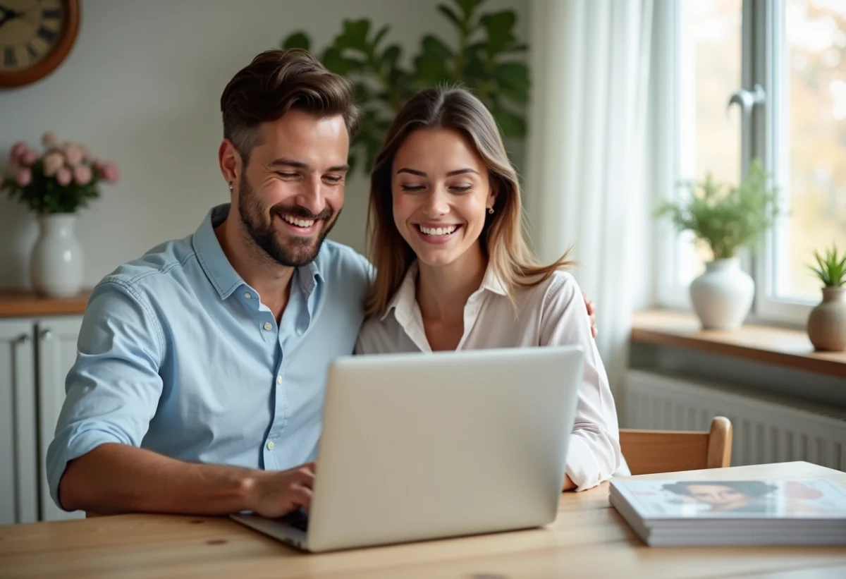 Jeune couple souriant à une table moderne avec ordinateur portable