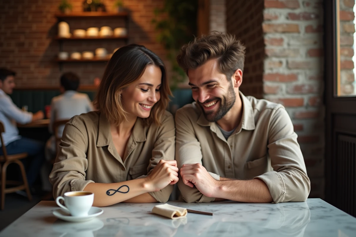 Couple alignant leurs tatouages infini assortis sur les poignets dans un café parisien, révélant un motif d'alliance continu et unique