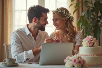 Couple heureux échangeant des alliances en visioconference
