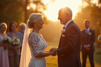 Couple âgé échangeant leurs vœux en extérieur à l'heure dorée