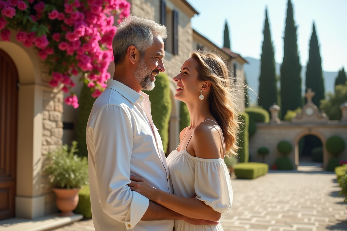 Couple romantique devant une villa ancienne en Europe