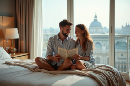 Jeune couple riant dans un hôtel lors d’un voyage