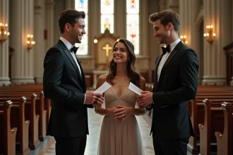 Trois personnes élégantes dans une église ancienne