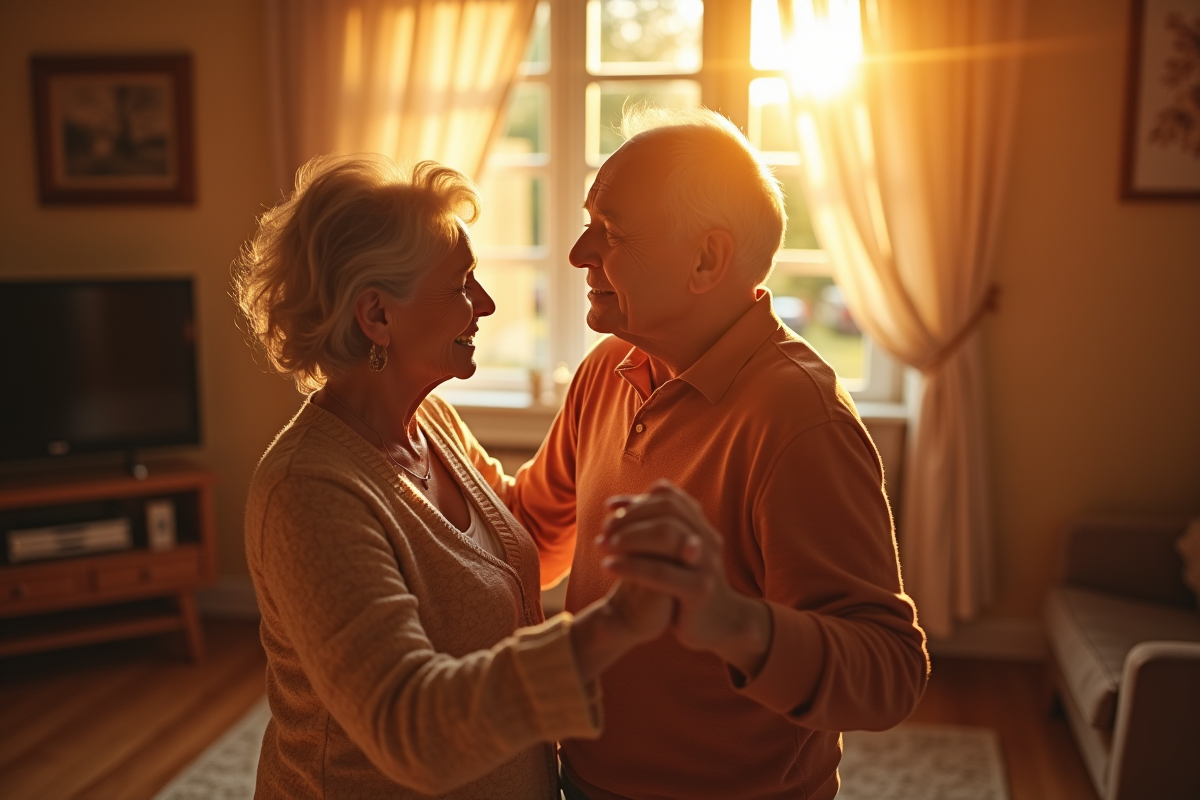 Couple de seniors dansant dans leur salon en lumière dorée