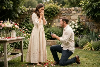 Couple ému lors d'une demande en mariage surprise dans un jardin fleuri avec pétales de roses et bougies