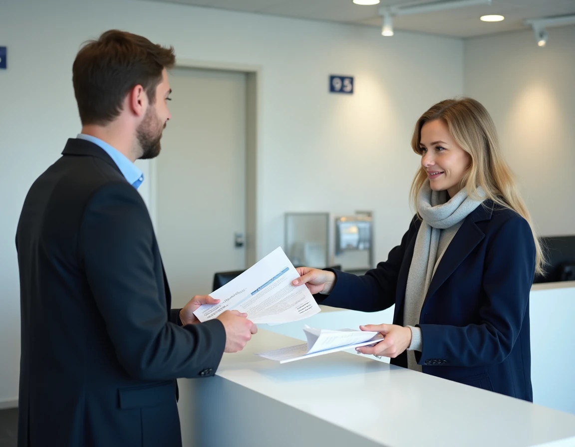 Femme remettant des documents administratifs à un employé dans un bureau de mairie danois