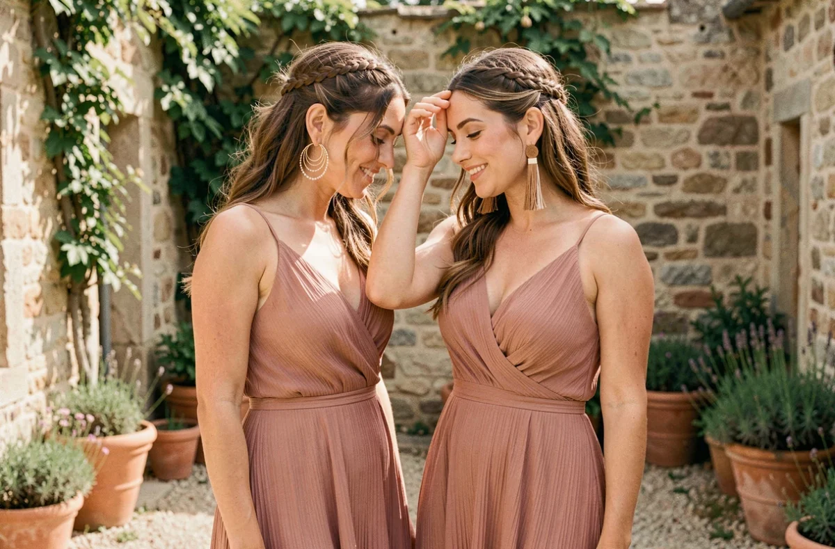 Deux demoiselles d'honneur en robes bohème rose poudré portant des boucles d'oreilles dorées créoles et pompons dans une cour en pierre de mas provençal pour un mariage champêtre chic