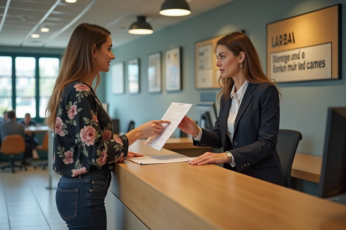 Jeune femme déposant un dossier de publication de bans à l'accueil d'une mairie française