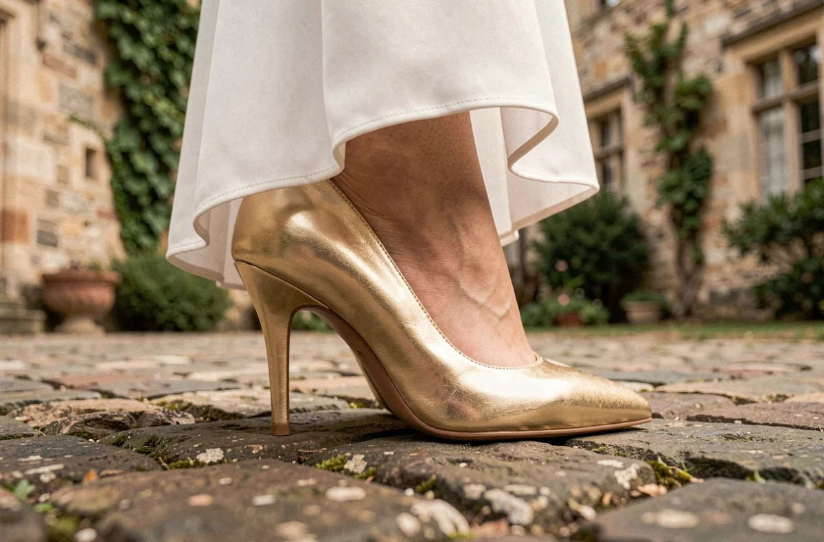 Détail de chaussures de mariage dorées à talons hauts sur pavés de château avec robe en soie blanche