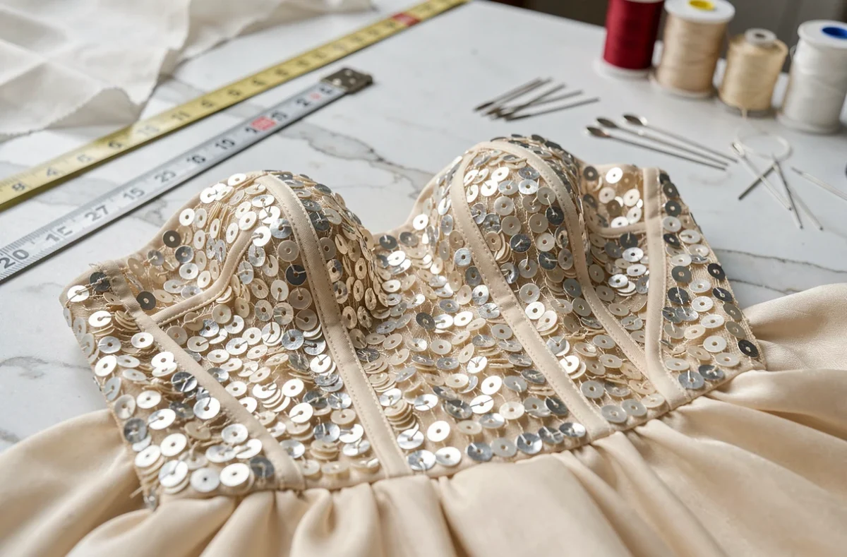 Détail de paillettes et broderies sur le corsage d'une robe de mariée princesse posée sur table de retouche