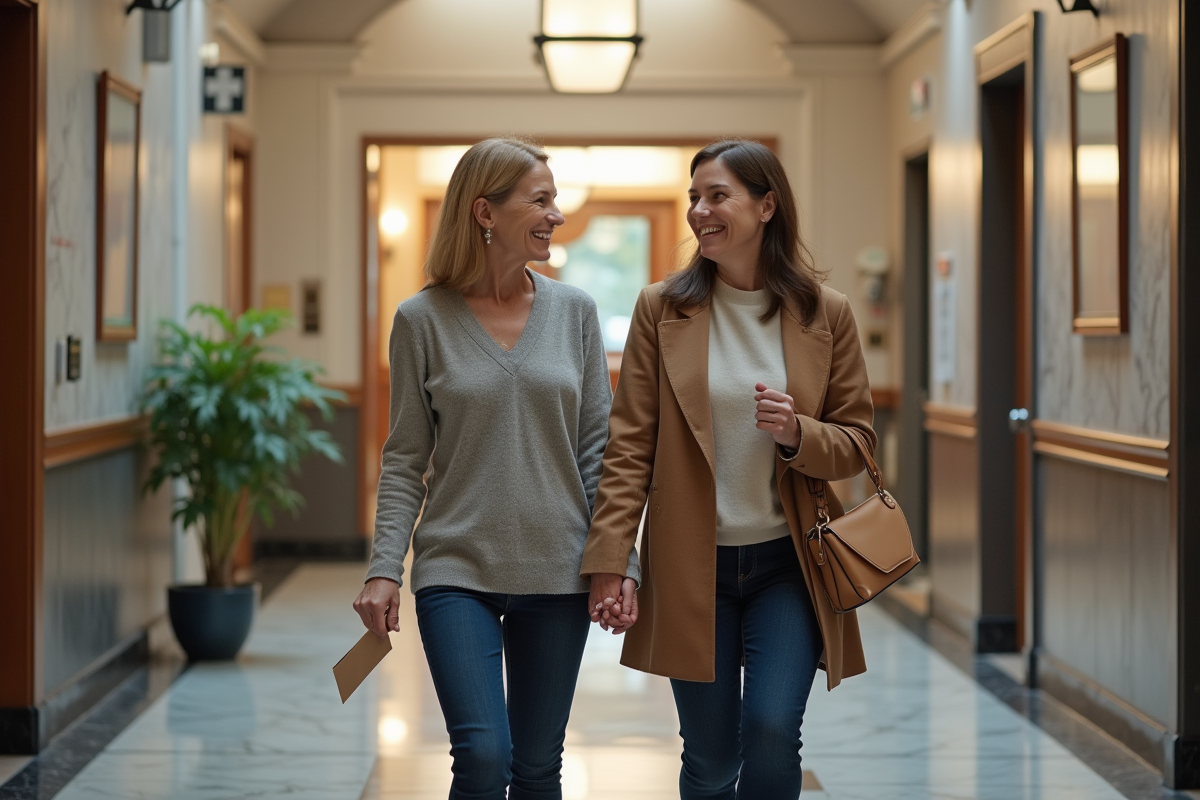 Deux femmes âgées souriant en marchant dans un hall d mairie