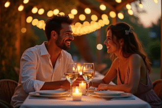 Couple souriant lors d un dîner d anniversaire en plein air
