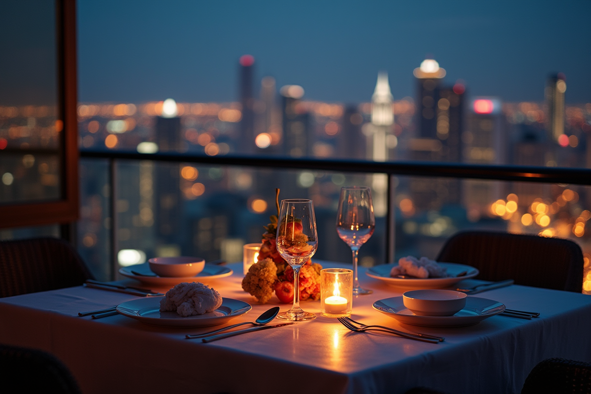 Dîner romantique avec vue sur la ville la nuit