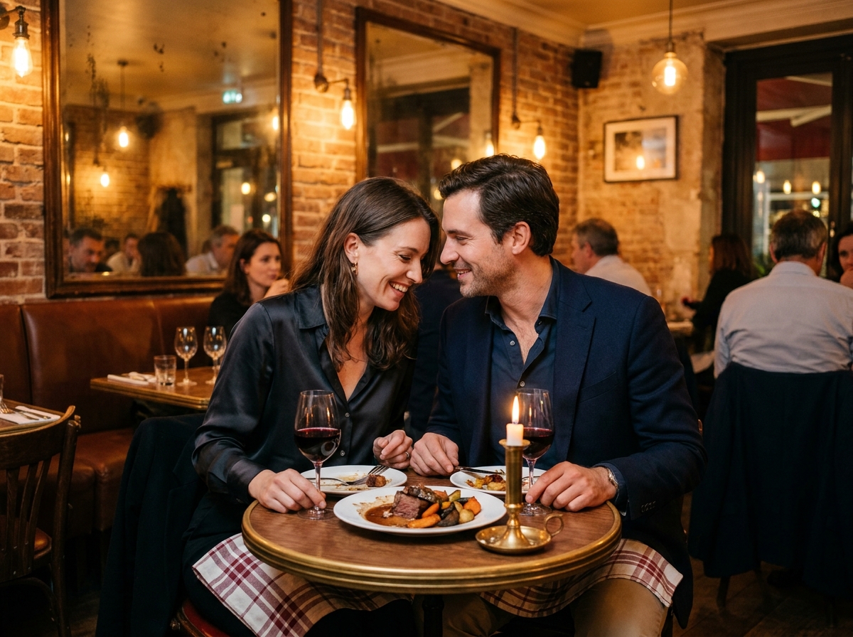 Dîner en ville pour deux dans une brasserie parisienne : couple élégant autour d'une table de bistro avec vin et bougies
