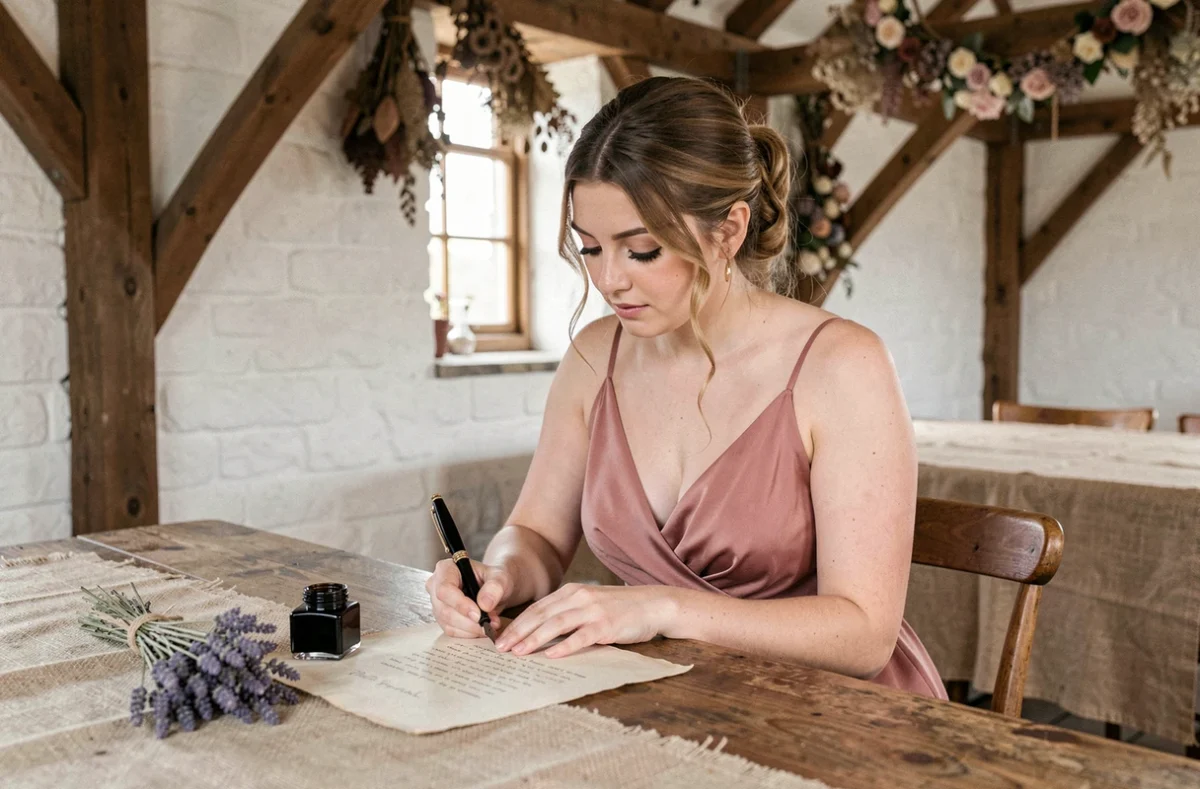 Demoiselle d'honneur rédigeant un discours de mariage poétique à la plume dans une grange rustique décorée