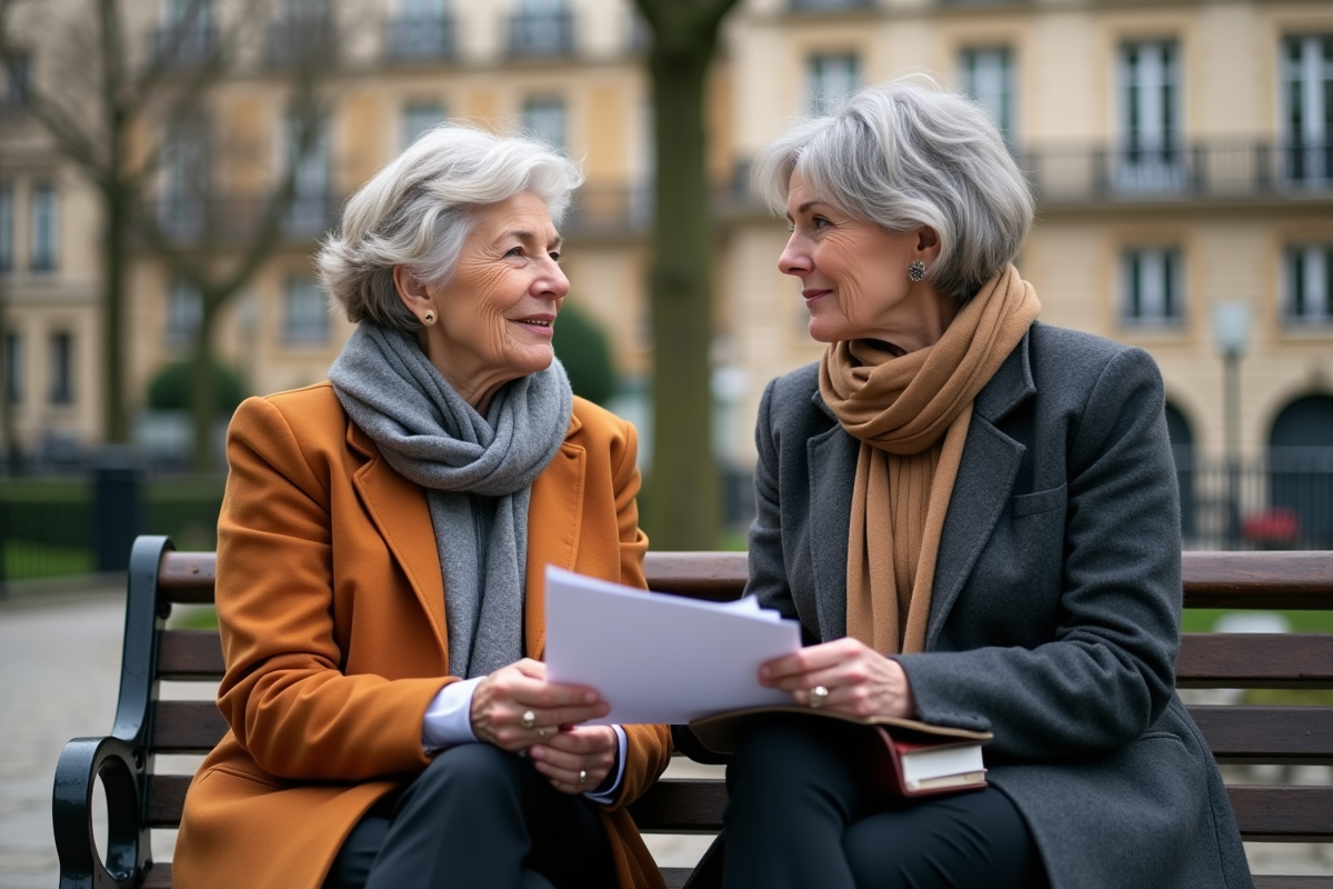 Deux femmes discutant de documents dans un parc parisien