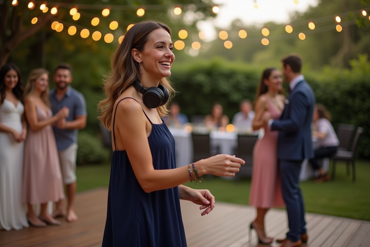 DJ femme souriante animant une fête de mariage en plein air