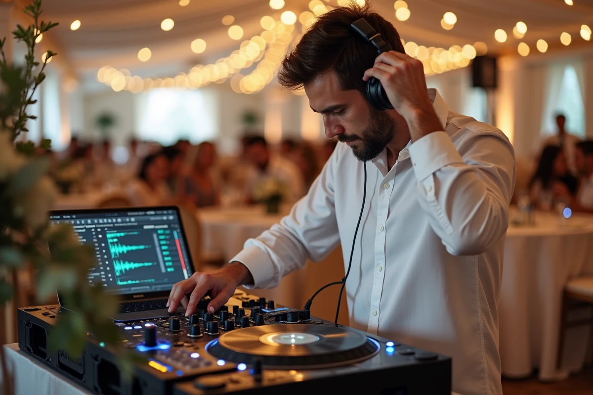 DJ de mariage concentré sur sa console de mixage lors d'une réception, symbolisant l'importance du choix musical