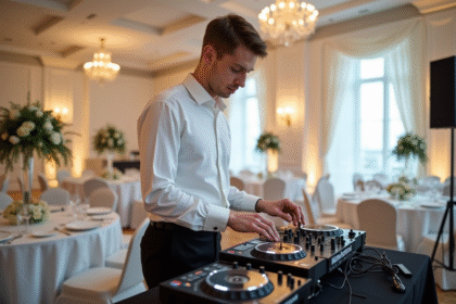 Jeune DJ en blanc ajustant le mixer lors d'un mariage élégant