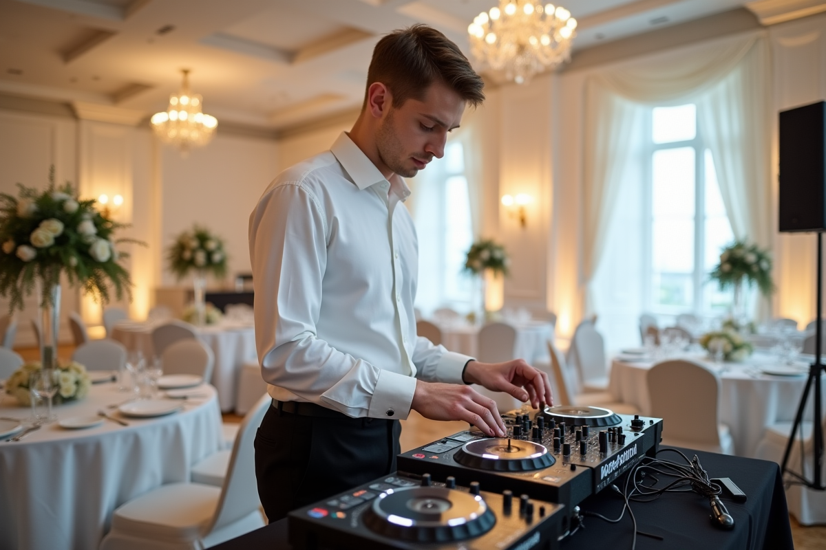Jeune DJ en blanc ajustant le mixer lors d'un mariage élégant