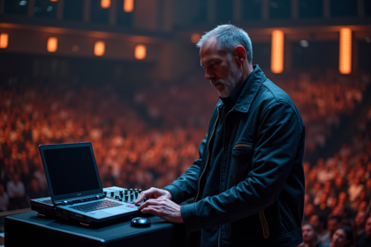 Homme stylé en stage avec DJ et public vide