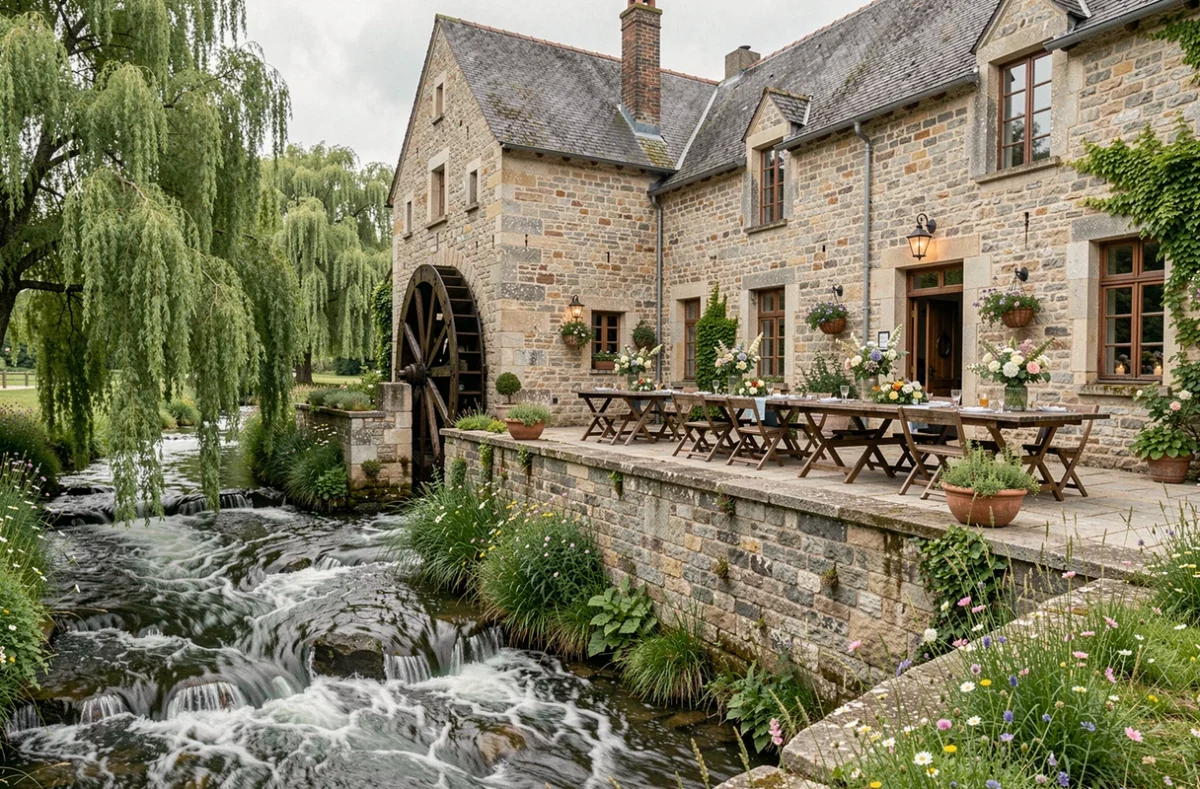Domaine du Moulin Cavier avec son ancien moulin à eau et sa terrasse de réception au bord du ruisseau en Maine-et-Loire