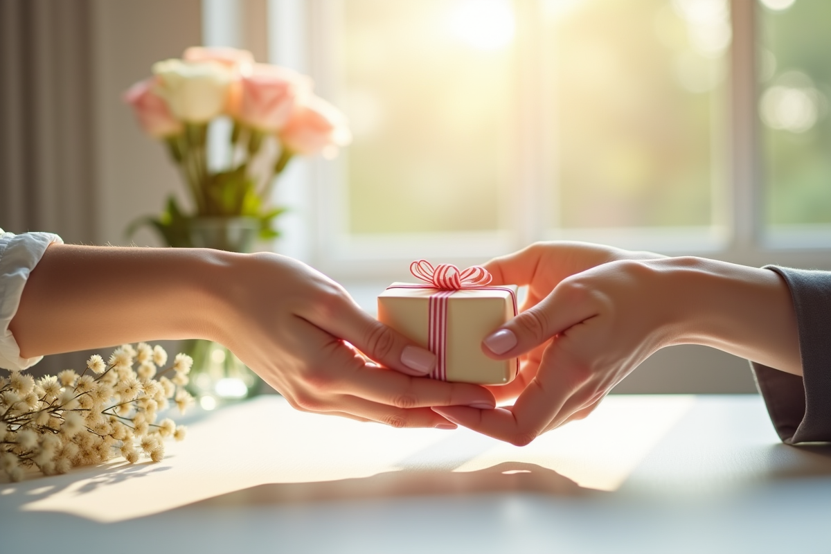 Main échangeant un cadeau délicatement emballé