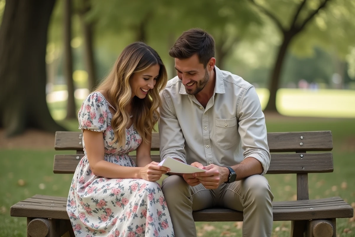 Couple échangeant des lettres de renouvellement de vœux sur un banc en bois dans un parc verdoyant
