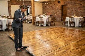 Organisatrice d'événement inspectant une piste de danse portable mal installée avec des joints mal alignés dans une salle de réception décorée