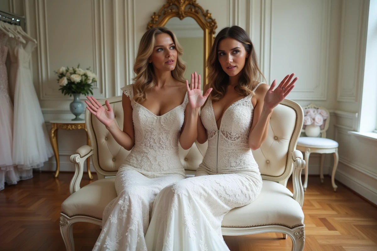 Deux femmes lors d'un essayage de robe de mariée avec une amie donnant des conseils maladroits en boutique