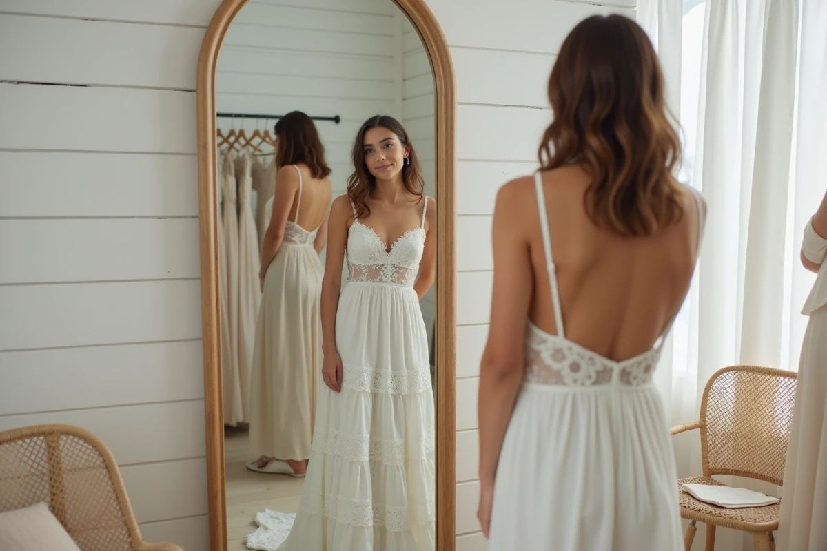 Mariée essayant une robe de mariée bohème en dentelle dans une boutique minimaliste avec miroir et étiquette de prix visible