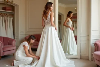 Essayage de robe de mariée dans une boutique de Montpellier avec couturière ajustant l'ourlet