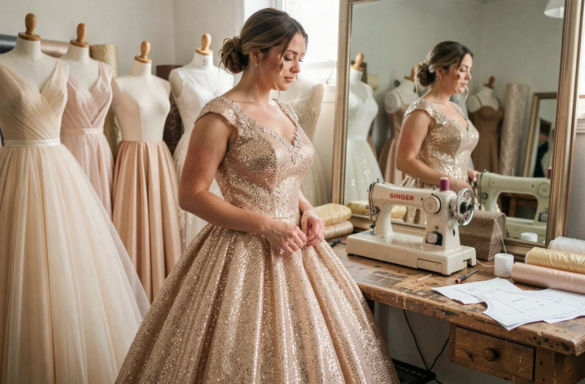 Femme essayant une robe de mariée princesse sur-mesure à paillettes dans un atelier de couture maison