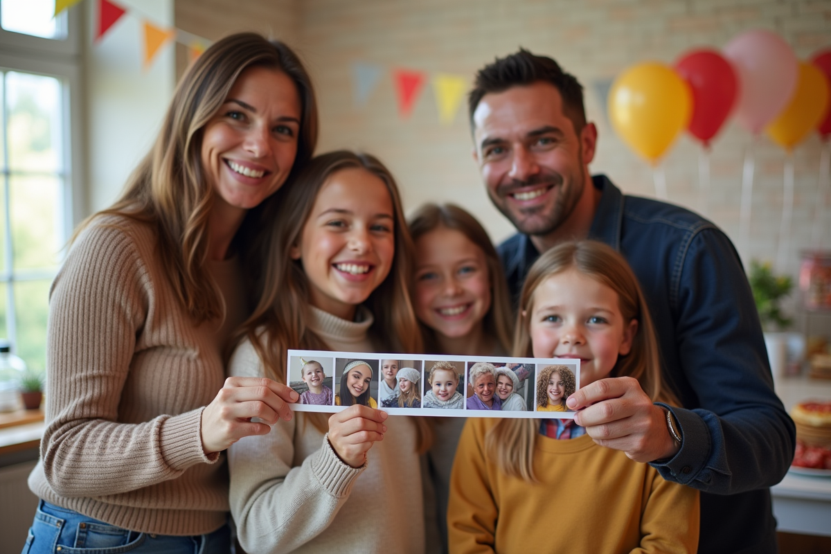 Famille souriante tenant une photo imprimée du photobooth