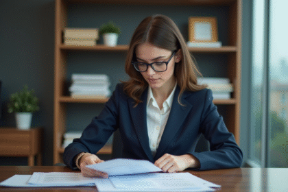Femme d'affaires en costume vérifiant des documents dans un bureau moderne