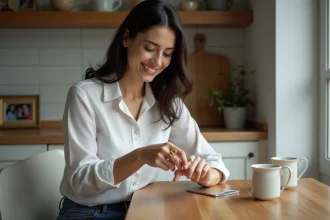 Femme souriante portant une bague en or sur la main