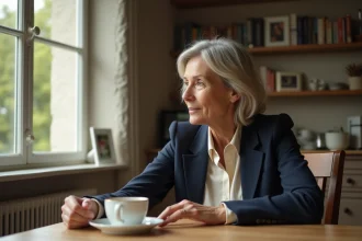 Femme en blazer navy et blouse crème dans une cuisine chaleureuse