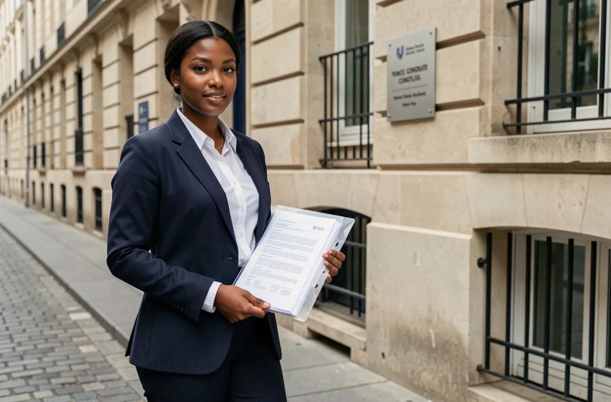 Femme tenant un dossier de demande de visa mariage devant le consulat français