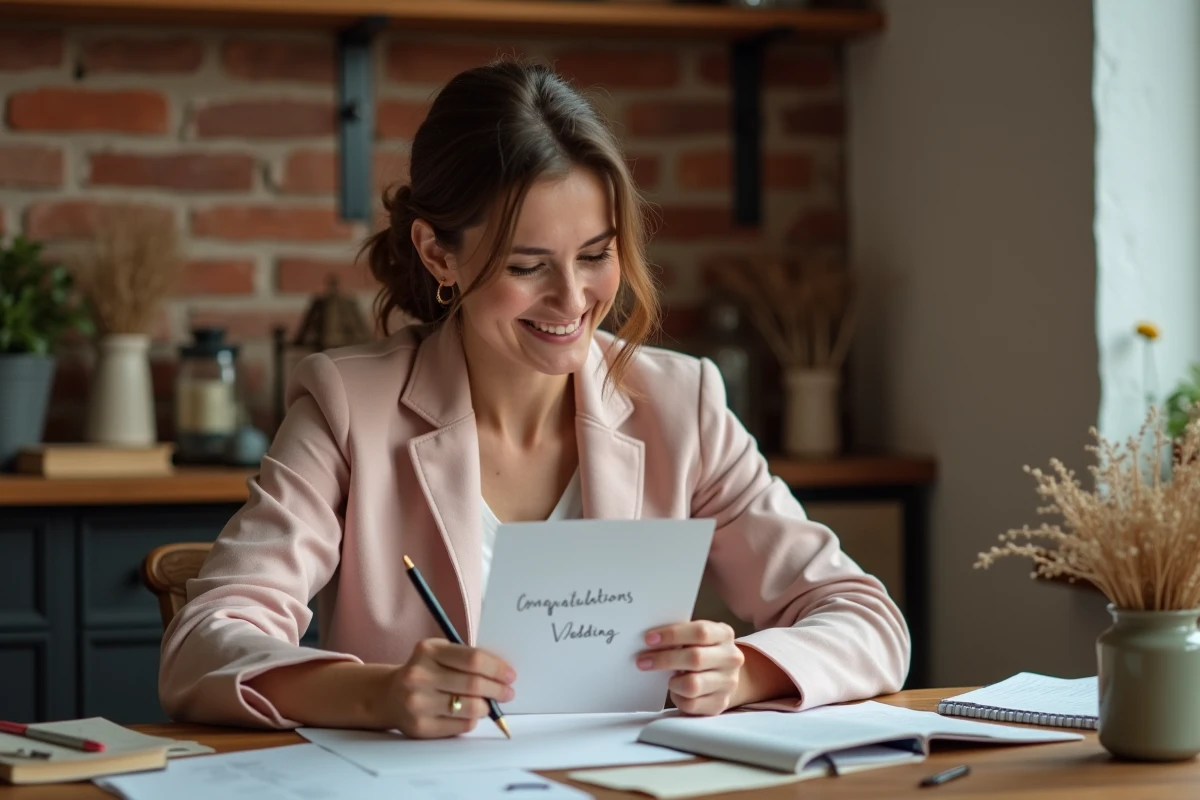 Femme souriante en train d'écrire un message de félicitations humoristique pour un mariage à un bureau en bois vintage