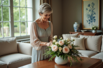 Femme élégante arrangeant un bouquet de roses et pivoines