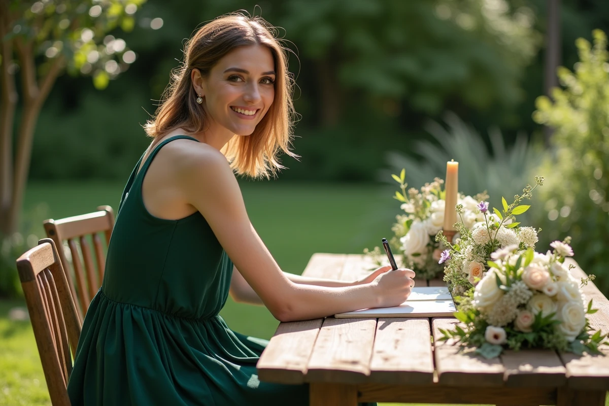 Femme souriante écrivant dans un livre d or dans un jardin