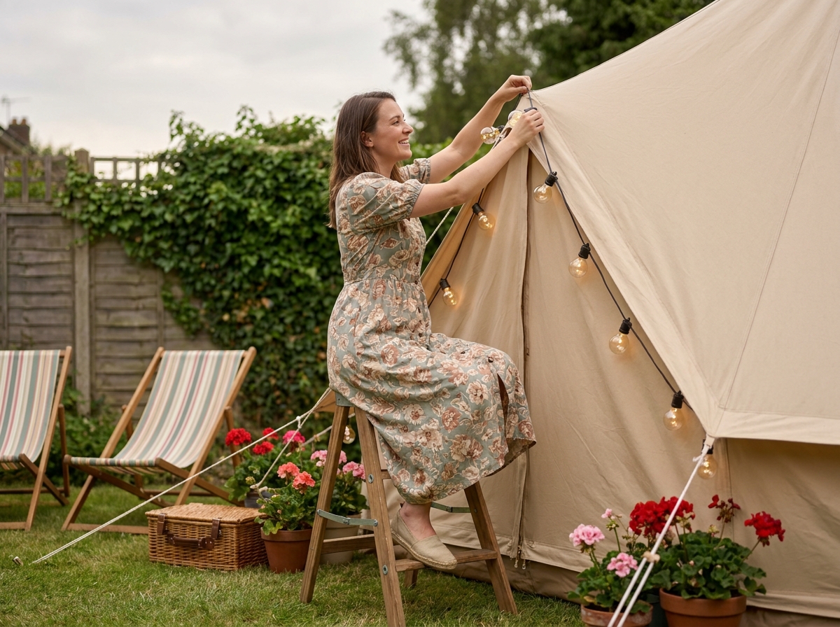Jeune femme installant des guirlandes lumineuses sur une tente cloche en toile dans un jardin pour une ambiance guinguette