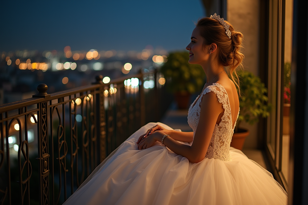 Femme mariée regardant la ville depuis le balcon