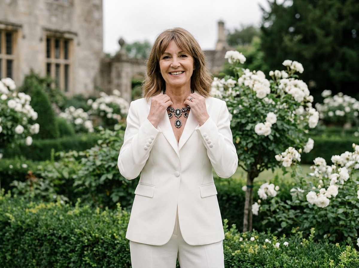 Femme mature en costume blanc souriant avec collier bijou