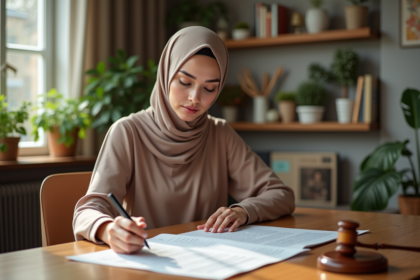 Femme musulmane lisant un document dans un salon lumineux