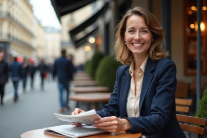 Femme française lisant un journal dans un café parisien
