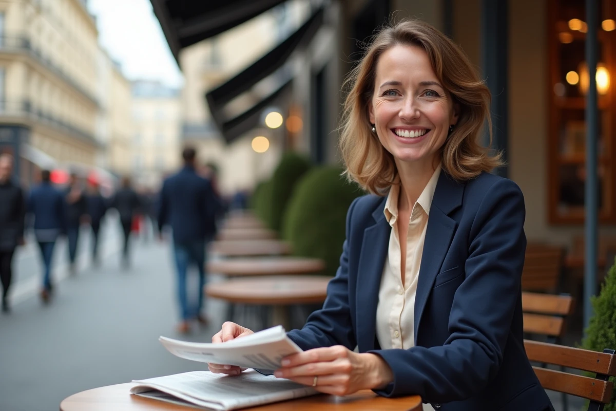Femme française lisant un journal dans un café parisien