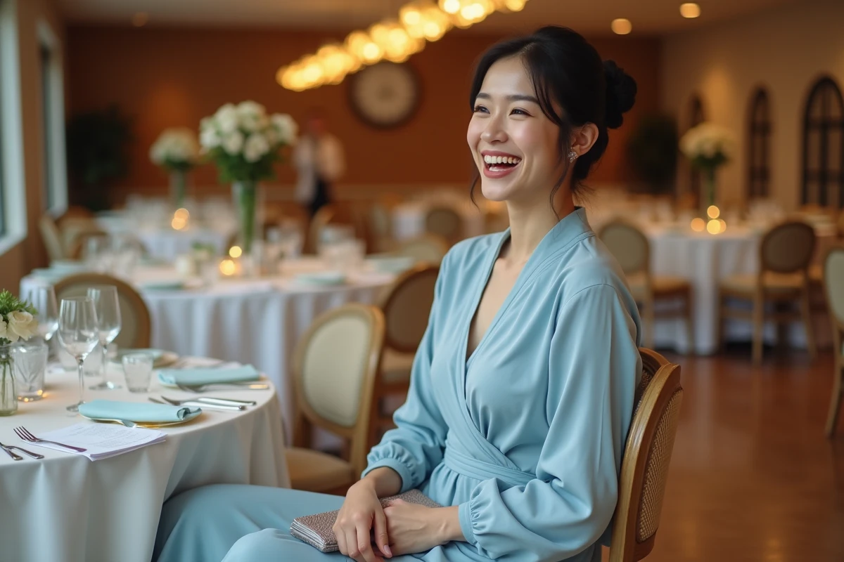 Jeune femme en robe pastel assise à une table de réception